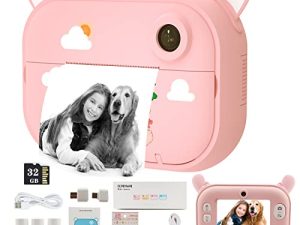 Kids Camera Instant Print Camera Christmas Birthday Gifts for Girls Toy Pink Camera Zero Ink Print Photo Camera with 3 Rolls Paper and 32GB TF Card