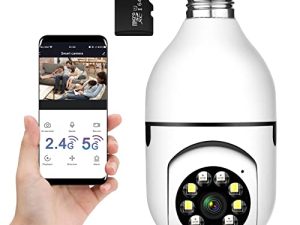 Wireless WiFi Light Socket Bulb Security Camera 360 Degree PTZ Home Camera Floodlight Night Vision Motion Detection 64GB Micro SD Card Included Support 2.4Ghz and 5Ghz