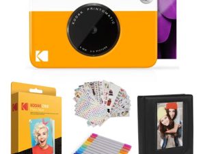 Kodak Printomatic Instant Camera (Yellow) Gift Bundle + Zink Paper (20 Sheets) + Deluxe Case + 7 Fun Sticker Sets + Twin Tip Markers + Photo Album.