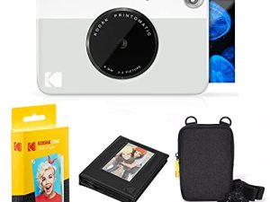 Kodak Printomatic Instant Camera Bundle (Grey) Zink Paper (20 Sheets) - Case - Photo Album - Hanging Frames.