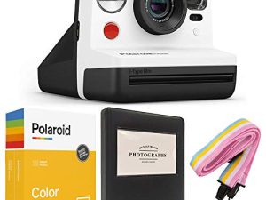 Polaroid Now i-Type Instant Camera - Black & White + Polaroid Color i-Type Film (16 Sheets) + Black Album + Neck Strap - Gift Bundle