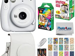 Fujifilm Instax Mini 11 Instant Camera - Ice White (16654798) + Fujifilm Instax Mini Twin Pack Instant Film (16437396) + Single Pack Rainbow Film + Case + Travel Stickers