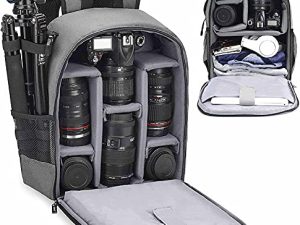 Cwatcun Camera Backpack Bag Professional for SLR DSLR Mirrorless Camera Waterproof Camera Case Compatible with Sony Canon Nikon Camera and Lens Tripod Accessories (Ⅱ Small Grey)