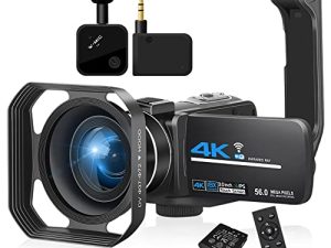 KOMERY Camcorders Video Camera 4K 56MP Video Camera for YouTube with Wireless Lavalier Mic Video Camera Camcorder with 2.4G Remote IR Night Vision