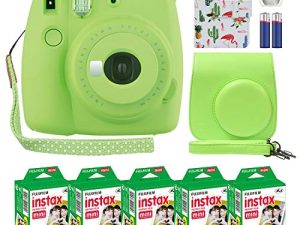 Fuji Instax Mini 9 Instant Camera Lime Green with Custom Case + Fuji Instax Film Value Pack (50 Sheets) Flamingo Designer Photo Album for Fuji instax Mini 9 Photos
