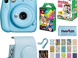 Fujifilm Instax Mini 11 Instant Camera - Sky Blue (16654762) + Fujifilm Instax Mini Twin Pack Instant Film (16437396) + Single Pack Rainbow Film + Case + Travel Stickers