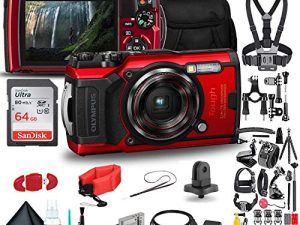 Olympus Tough TG-6 Waterproof Camera (Red) - Action Bundle - with 50 Piece Accessory Kit + Extra Battery + Float Strap + Sandisk 64GB Ultra Memory Card + Padded Case + More
