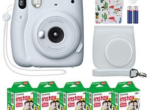 Fujifilm Instax Mini 11 Instant Camera Ice White + MiniMate Accessory Bundle & Compatible Custom Case + Fuji Instax Film Value Pack (50 Sheets) Flamingo Designer Photo Album