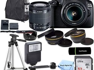 EOS 2000D / Rebel T7 DSLR Camera with EF-S 18-55mm Zoom Lens + SanDisk 32GB Memory Card + Tripod + Case + Wideangle Lenses + Rtech Digital Cloth (20pc Bundle)