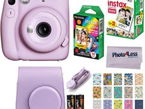 Fujifilm Instax Mini 11 Instant Camera - Lilac Purple (16654803) + Fujifilm Instax Mini Twin Pack Instant Film (16437396) + Single Pack Rainbow Film + Case + Travel Stickers
